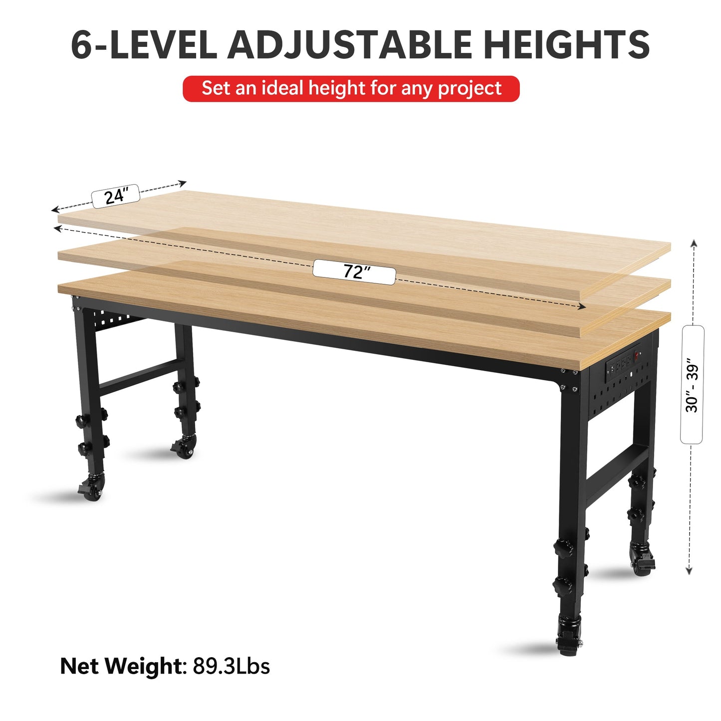 72 inch x 24 inch adjustable worktable, rolling heavy-duty worktable with power socket and wheels - B&B Forest Products