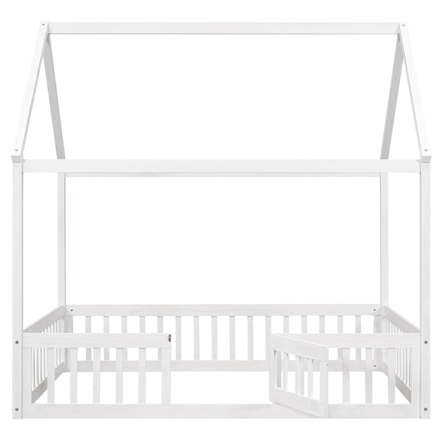 Full Size Wood House Bed with Fence and Door White Wash