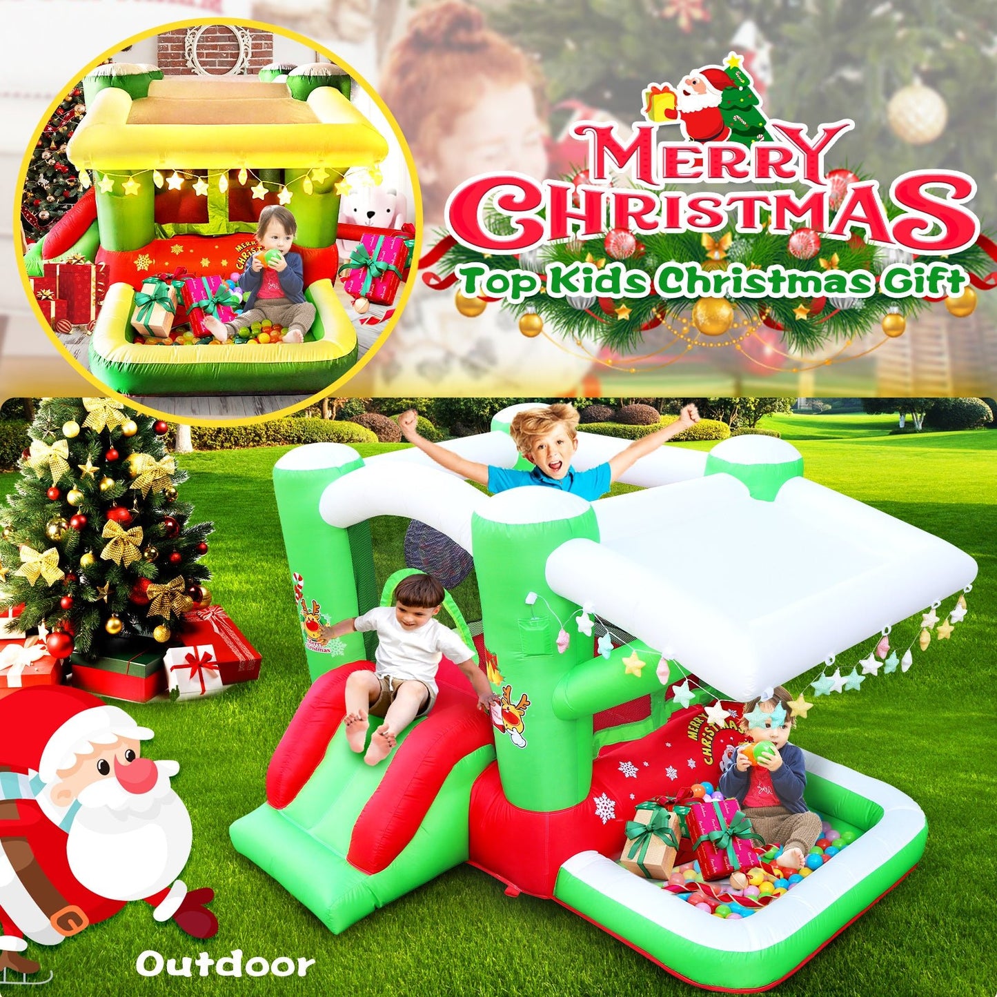 Christmas Jump 'n Slide Inflatable Bouncer for Kids Complete Setup with Blower - 80" x 91" Play Area - 55" Tall - B&B Forest Products