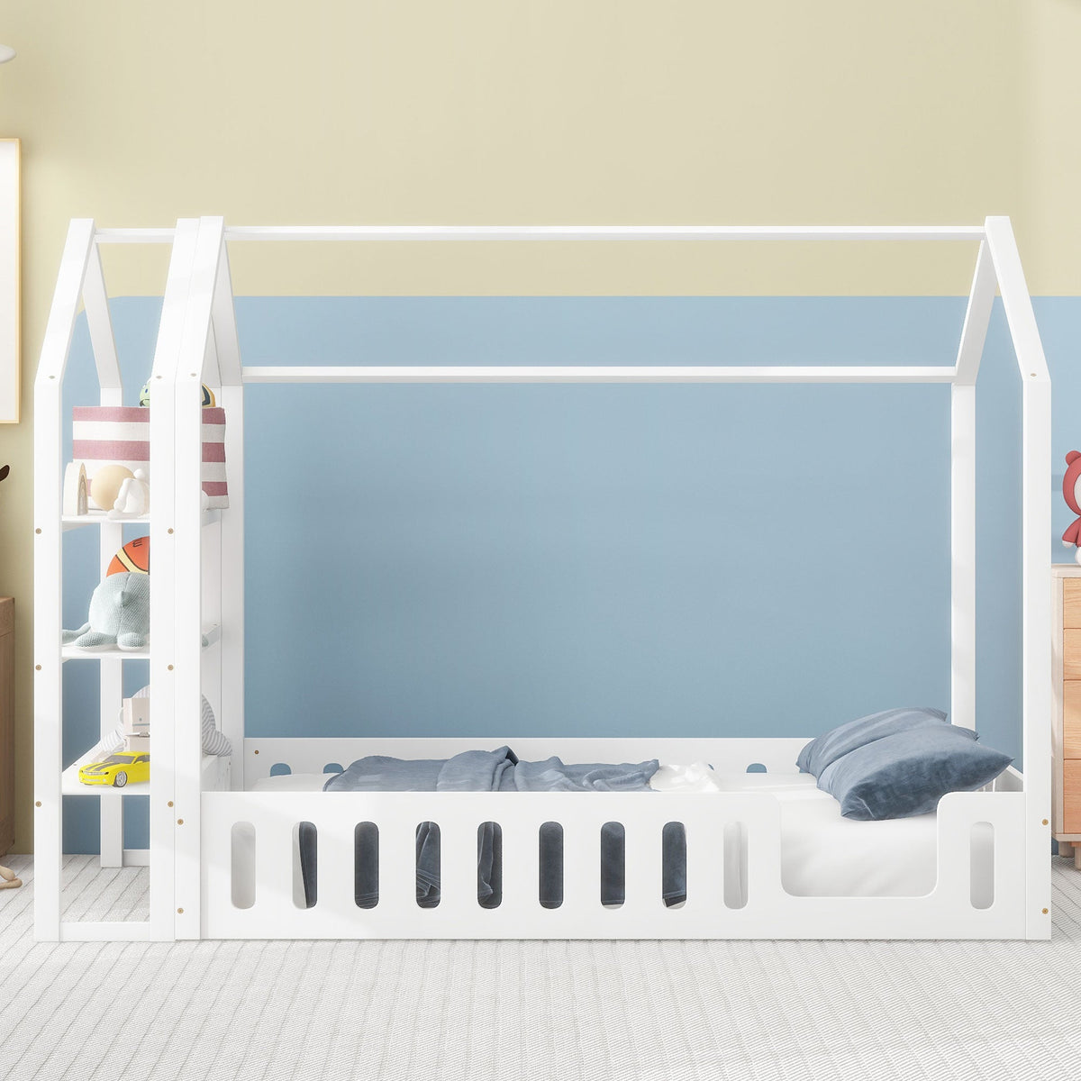 Full Size Wood House Bed with Fence and Detachable Storage Shelves, White - B&B Forest Products
