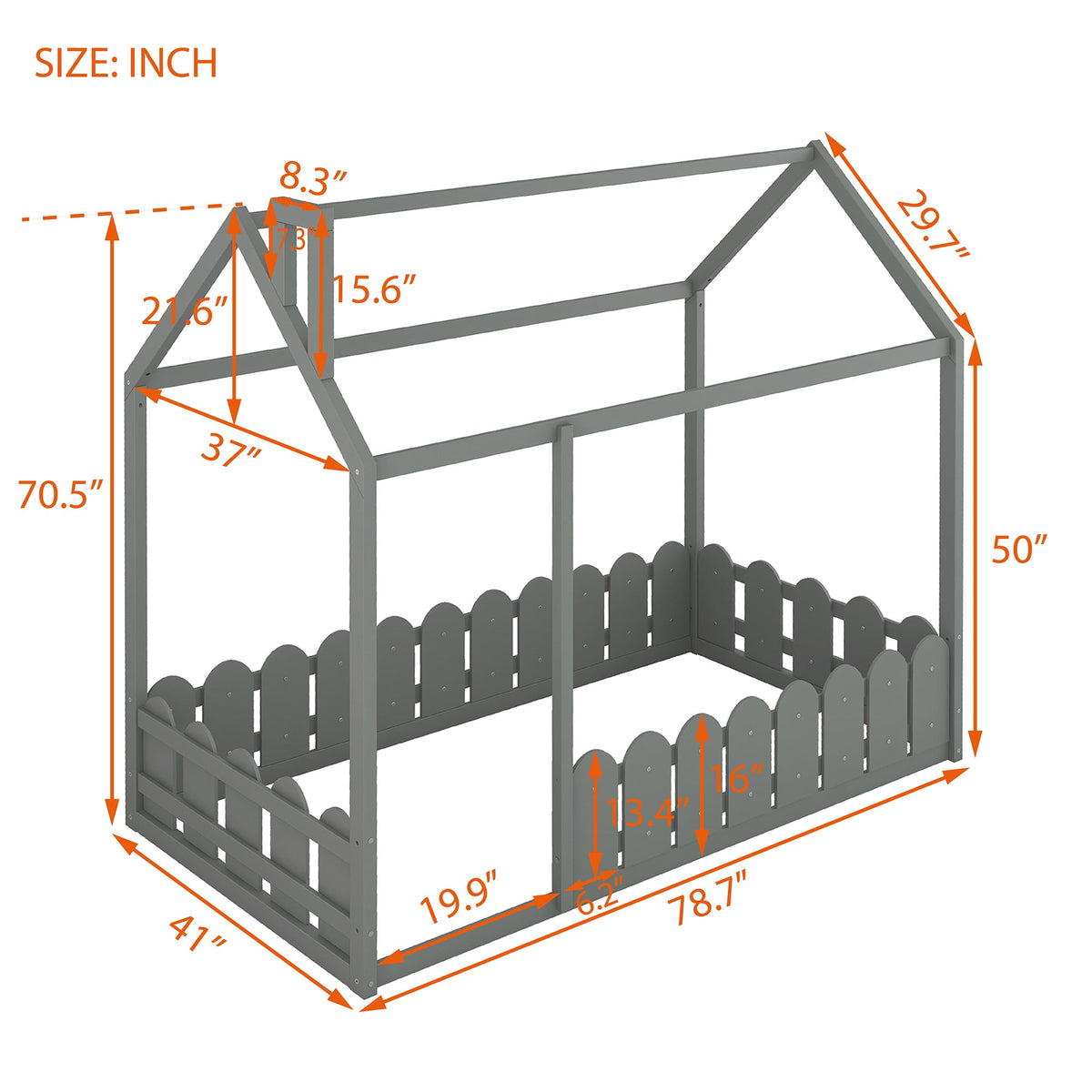 {Slats are not included}Twin Size Wood Bed House Bed Frame with Fence for Kids Teens Girls Boys {Gray} - B&B Forest Products