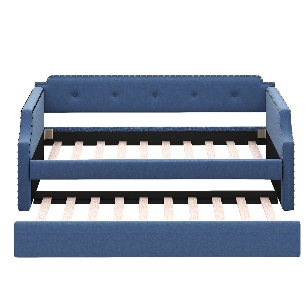 Upholstered Daybed with Trundle, Wood Slat Support,Upholstered Frame Sofa Bed Twin Blue - B&B Forest Products