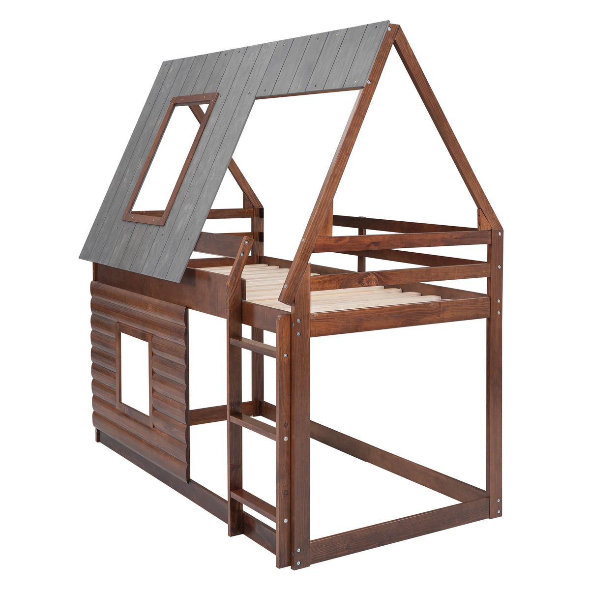 Wood Twin Size House Bunk Bed with Roof, Ladder and 2 Windows, Oak & Smoky Grey - B&B Forest Products