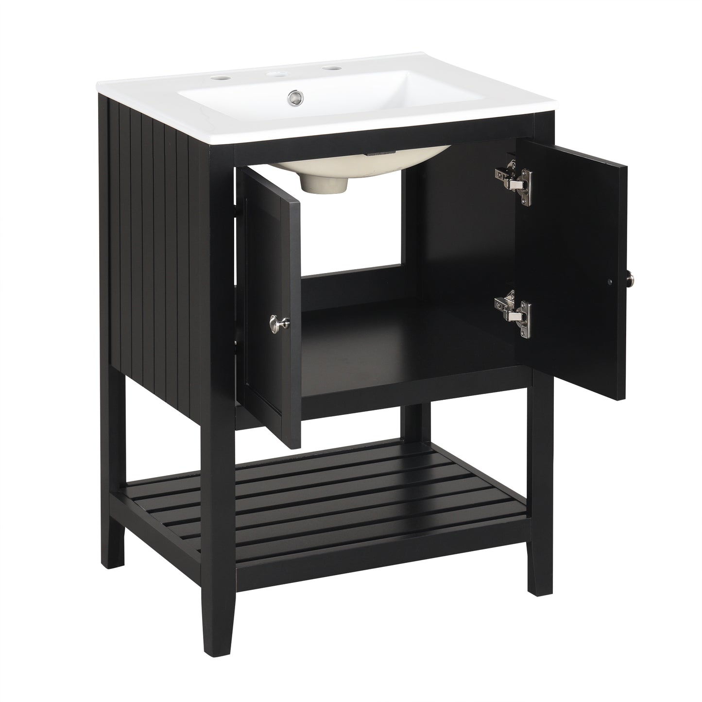 24" Black Modern Sleek Bathroom Vanity Elegant Ceramic Sink with Solid Wood Frame Open Style Shelf