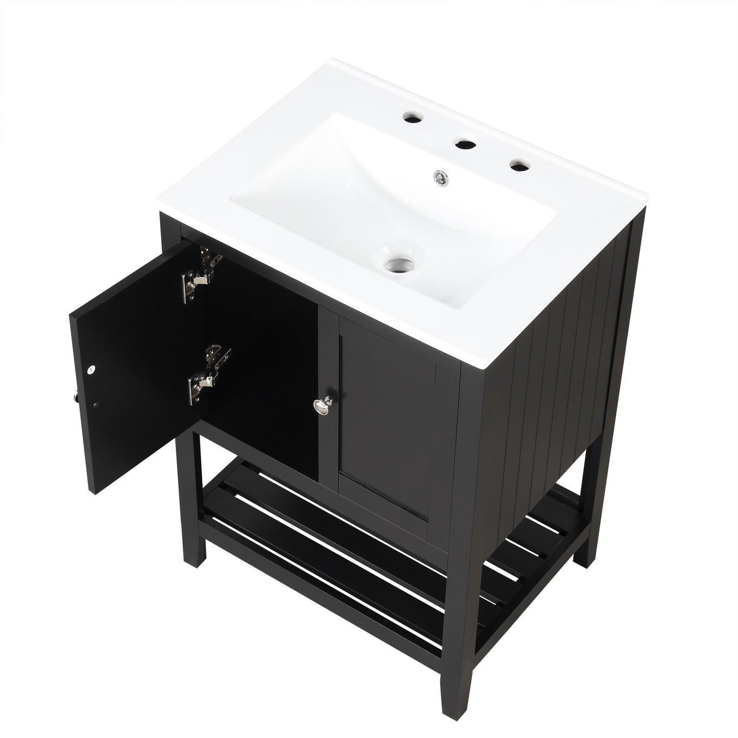 24" Black Modern Sleek Bathroom Vanity Elegant Ceramic Sink with Solid Wood Frame Open Style Shelf