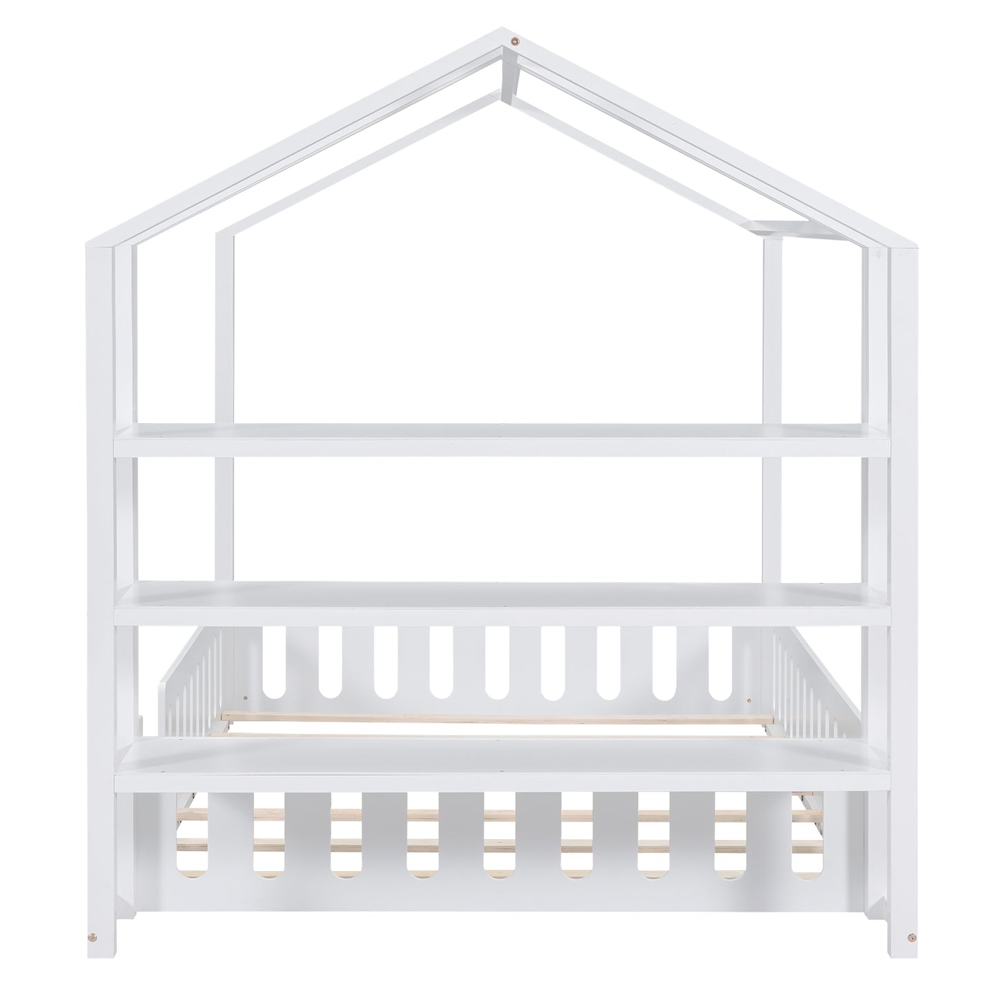 Full Size Wood House Bed with Fence and Detachable Storage Shelves, White