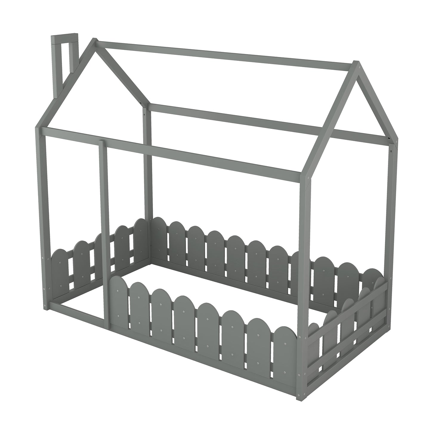 {Slats are not included}Twin Size Wood Bed House Bed Frame with Fence for Kids Teens Girls Boys {Gray}