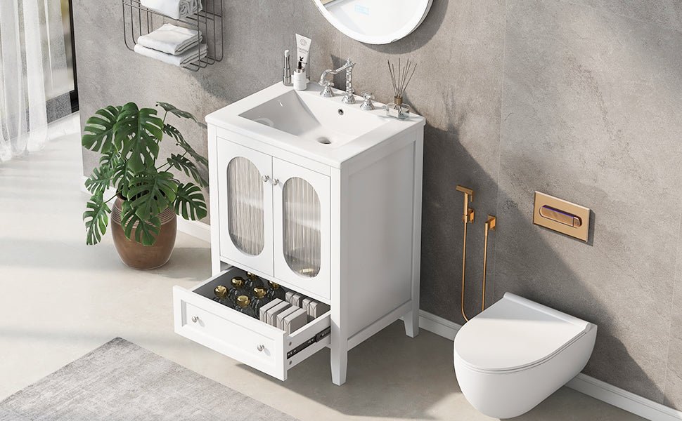 24" Bathroom Vanity with Sink, Bathroom Vanity Cabinet with One Drawer and Doors, Adjustable Shelf, Solid Wood and MDF, White - B&B Forest Products
