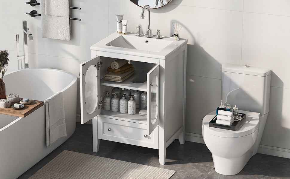 24" Bathroom Vanity with Sink, Bathroom Vanity Cabinet with One Drawer and Doors, Adjustable Shelf, Solid Wood and MDF, White - B&B Forest Products