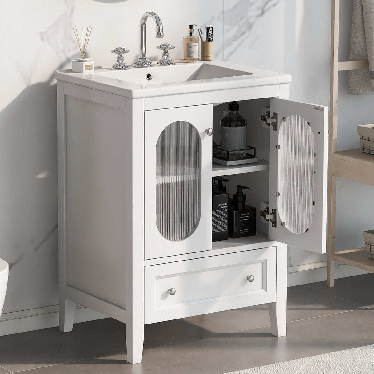 24" Bathroom Vanity with Sink, Bathroom Vanity Cabinet with One Drawer and Doors, Adjustable Shelf, Solid Wood and MDF, White - B&B Forest Products
