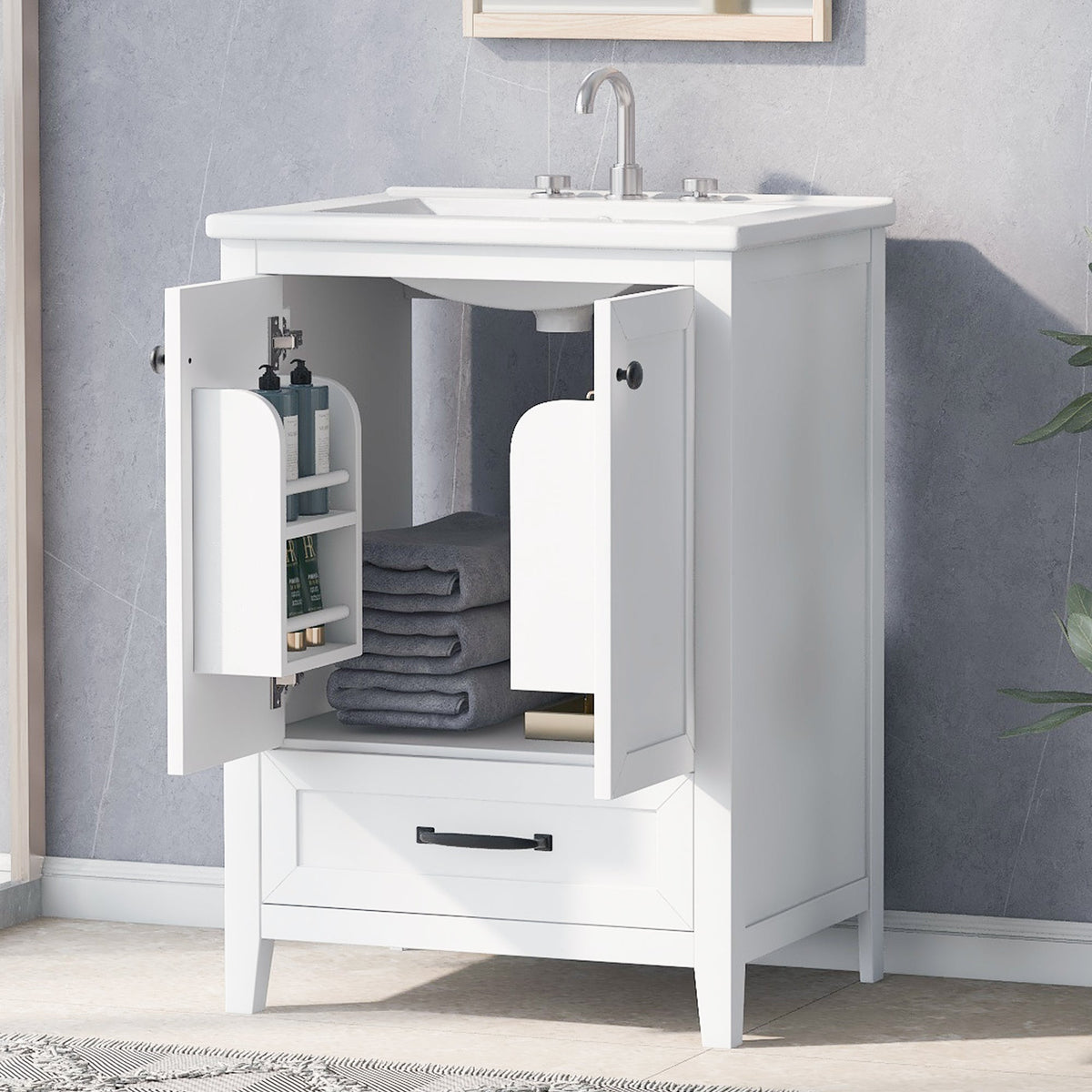 24" Bathroom Vanity with Sink, Bathroom Vanity Cabinet with One Drawer and Doors, Solid Wood and MDF, White - B&B Forest Products