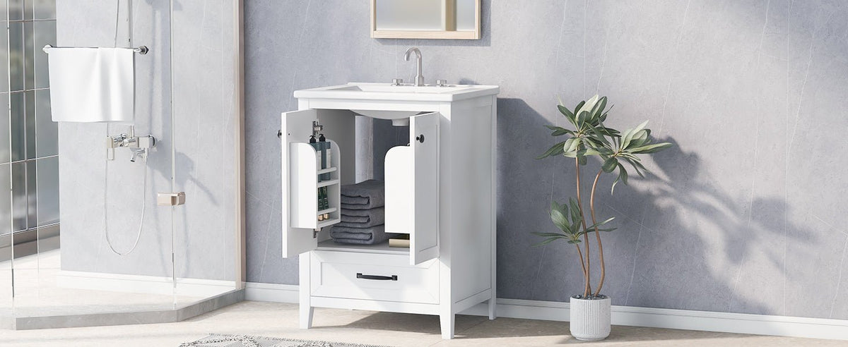 24" Bathroom Vanity with Sink, Bathroom Vanity Cabinet with One Drawer and Doors, Solid Wood and MDF, White - B&B Forest Products