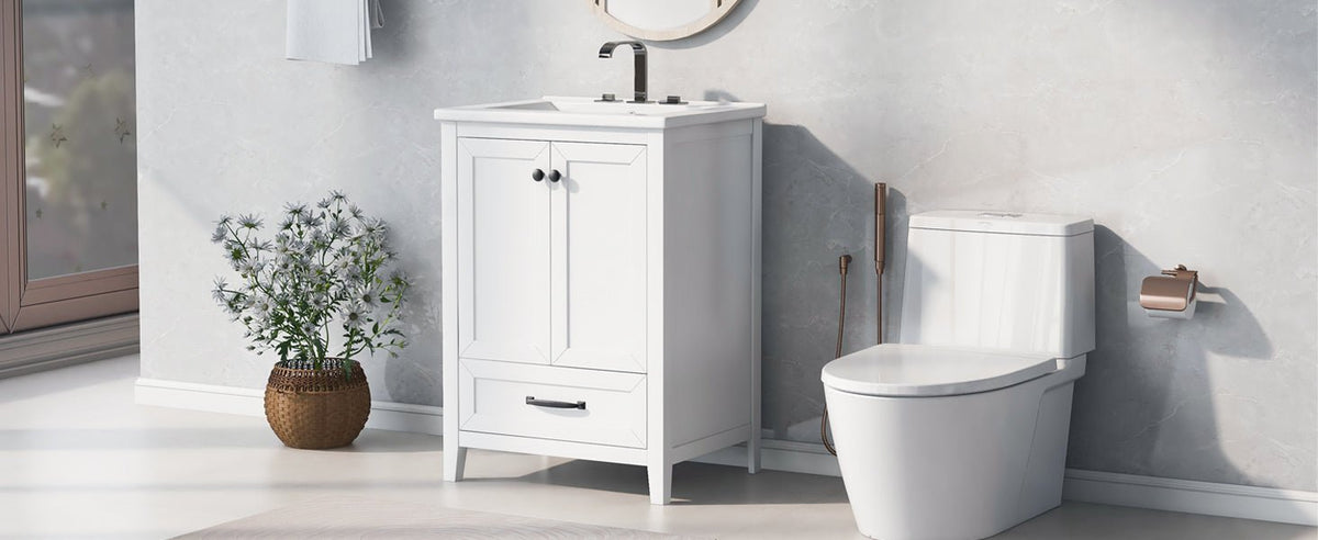 24" Bathroom Vanity with Sink, Bathroom Vanity Cabinet with One Drawer and Doors, Solid Wood and MDF, White - B&B Forest Products