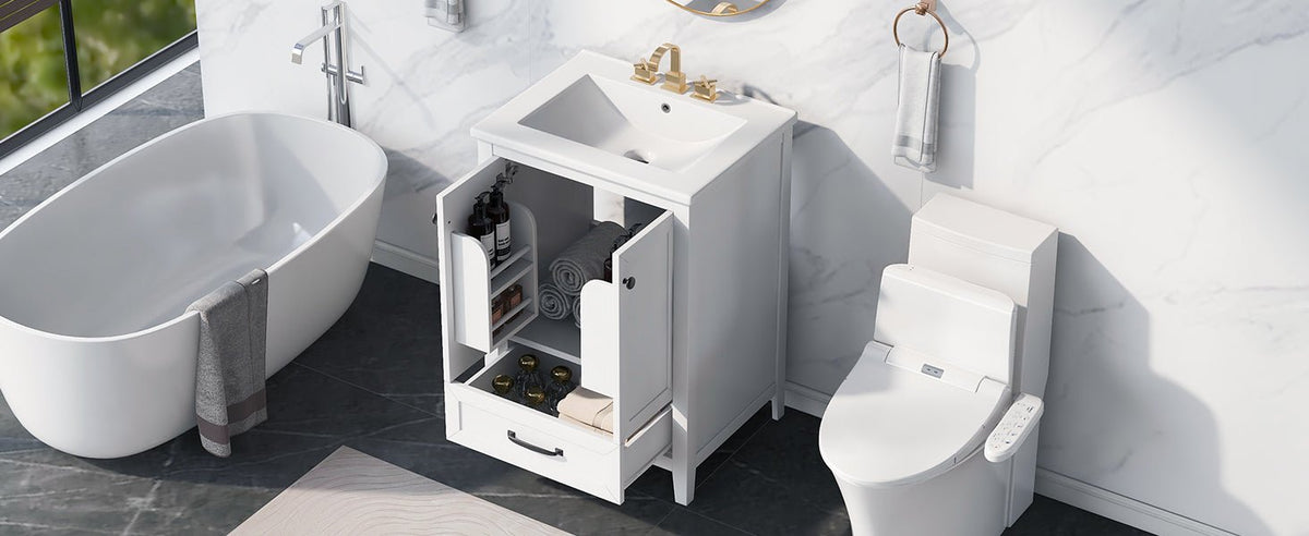 24" Bathroom Vanity with Sink, Bathroom Vanity Cabinet with One Drawer and Doors, Solid Wood and MDF, White - B&B Forest Products