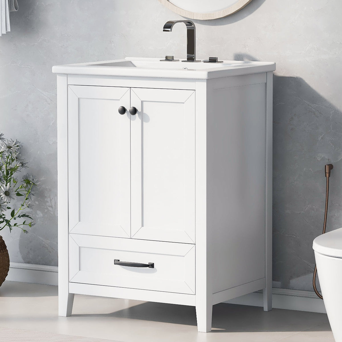 24" Bathroom Vanity with Sink, Bathroom Vanity Cabinet with One Drawer and Doors, Solid Wood and MDF, White - B&B Forest Products
