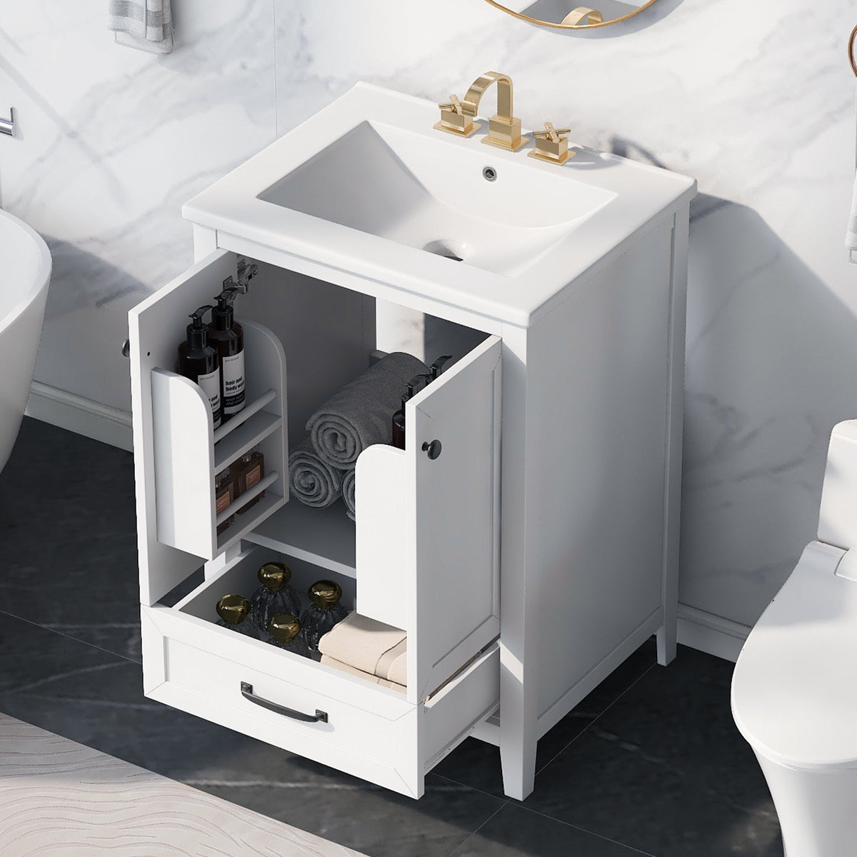 24" Bathroom Vanity with Sink, Bathroom Vanity Cabinet with One Drawer and Doors, Solid Wood and MDF, White - B&B Forest Products