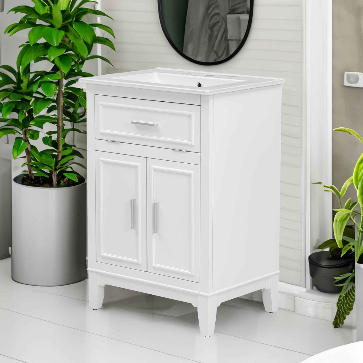 24" Bathroom Vanity with Sink, Bathroom Vanity Cabinet with One Flip Drawer and Doors, Solid Wood and MDF, White - B&B Forest Products