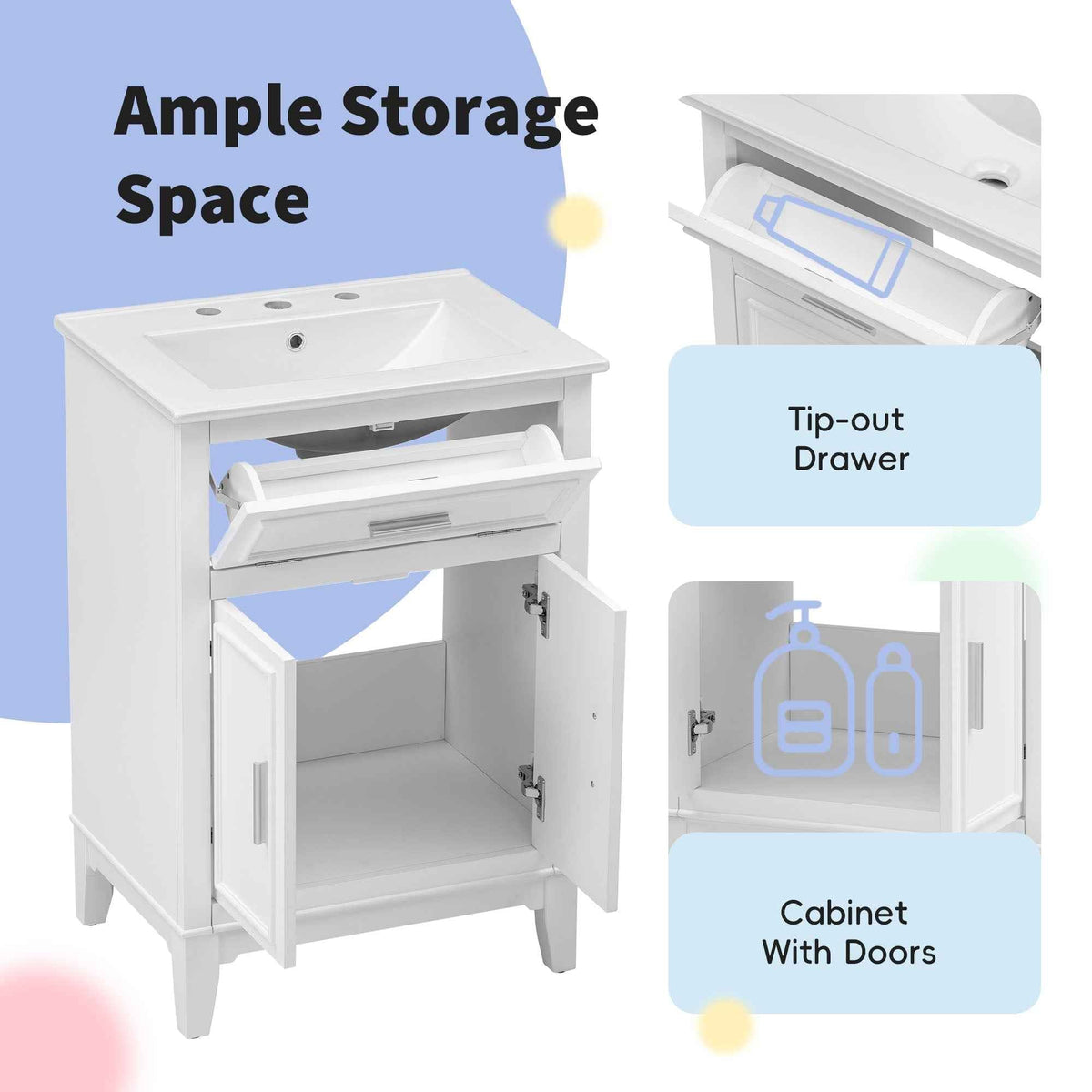 24" Bathroom Vanity with Sink, Bathroom Vanity Cabinet with One Flip Drawer and Doors, Solid Wood and MDF, White - B&B Forest Products