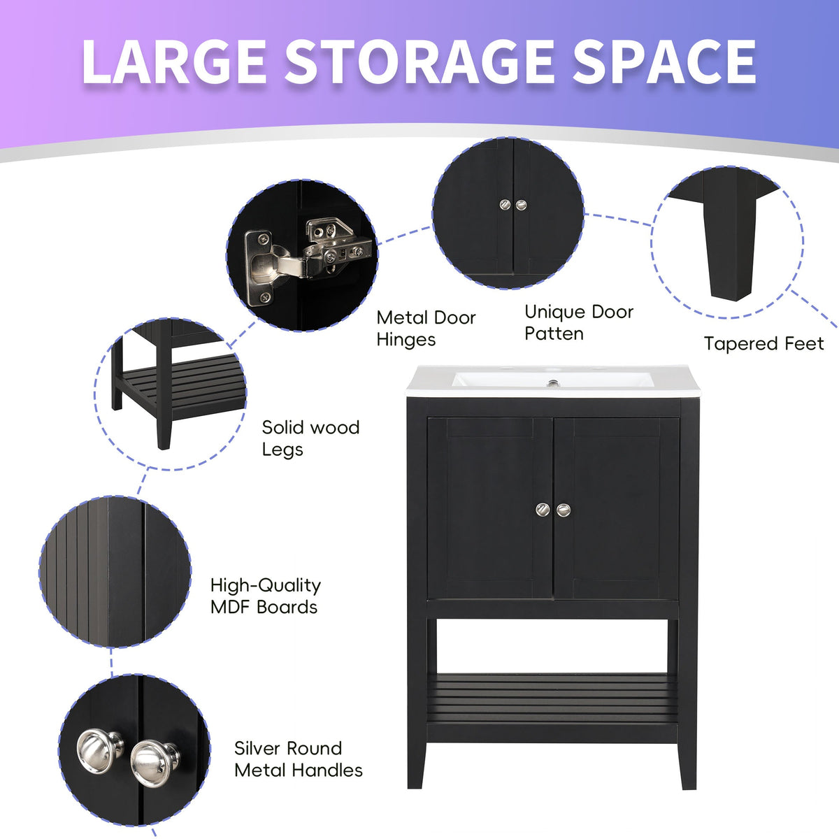 24" Black Modern Sleek Bathroom Vanity Elegant Ceramic Sink with Solid Wood Frame Open Style Shelf - B&B Forest Products