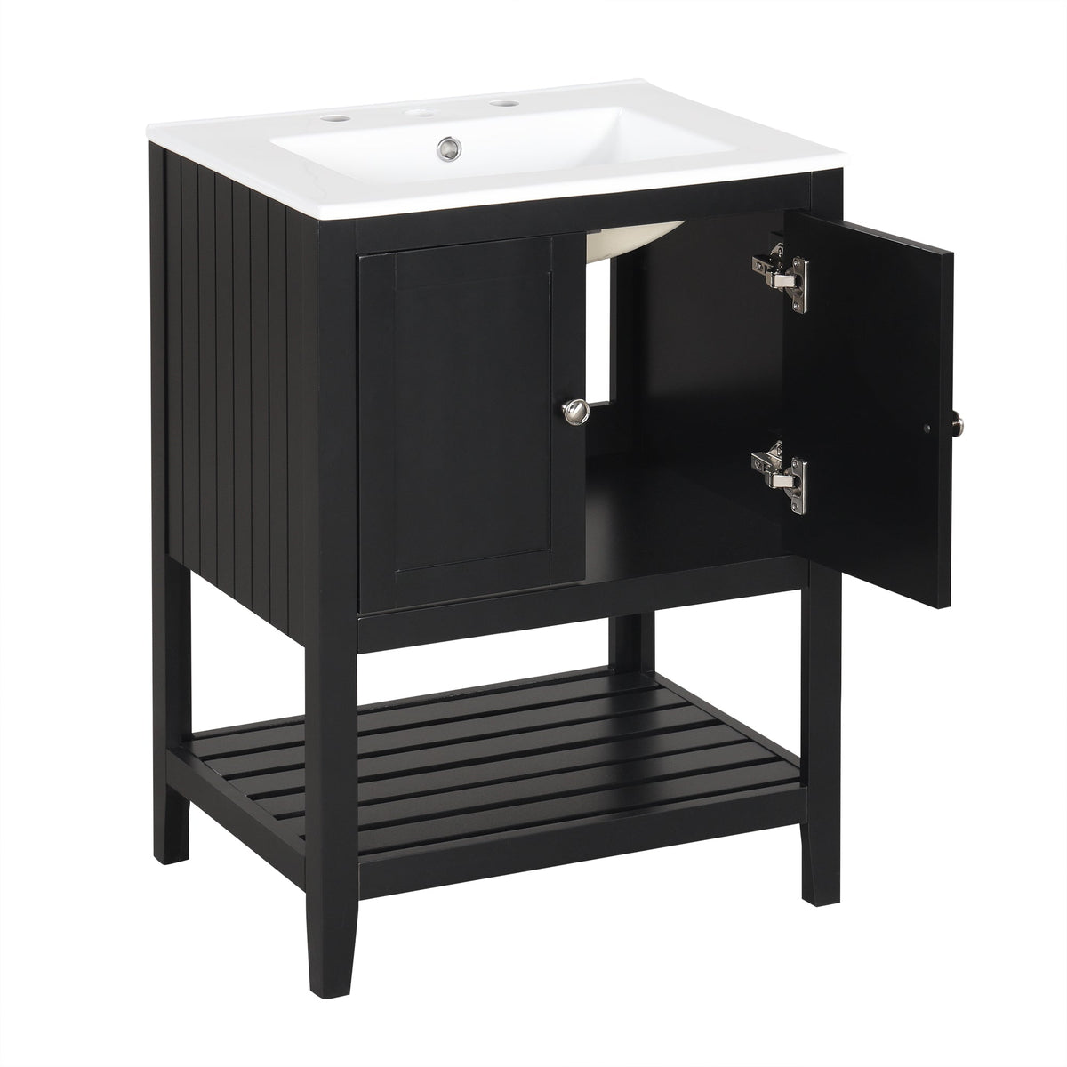 24" Black Modern Sleek Bathroom Vanity Elegant Ceramic Sink with Solid Wood Frame Open Style Shelf - B&B Forest Products