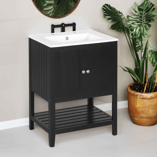 24" Black Modern Sleek Bathroom Vanity Elegant Ceramic Sink with Solid Wood Frame Open Style Shelf - B&B Forest Products