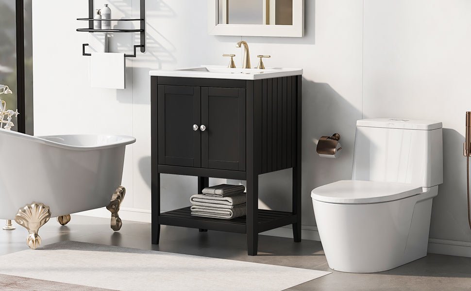 24" Black Modern Sleek Bathroom Vanity Elegant Ceramic Sink with Solid Wood Frame Open Style Shelf - B&B Forest Products