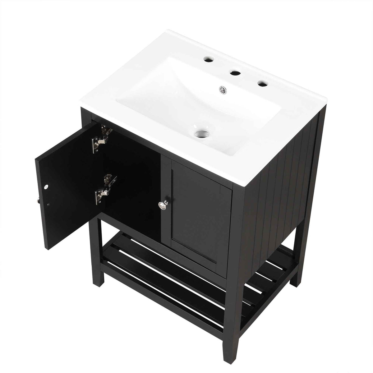 24" Black Modern Sleek Bathroom Vanity Elegant Ceramic Sink with Solid Wood Frame Open Style Shelf - B&B Forest Products