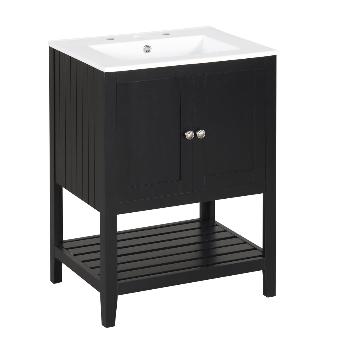 24" Black Modern Sleek Bathroom Vanity Elegant Ceramic Sink with Solid Wood Frame Open Style Shelf - B&B Forest Products