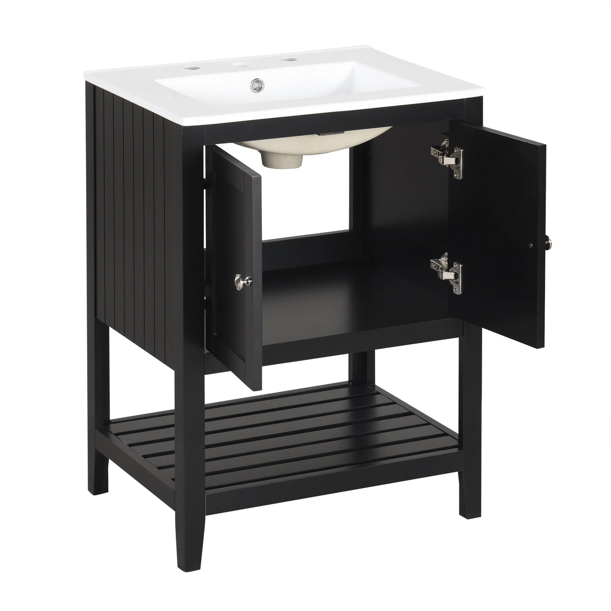 24" Black Modern Sleek Bathroom Vanity Elegant Ceramic Sink with Solid Wood Frame Open Style Shelf - B&B Forest Products