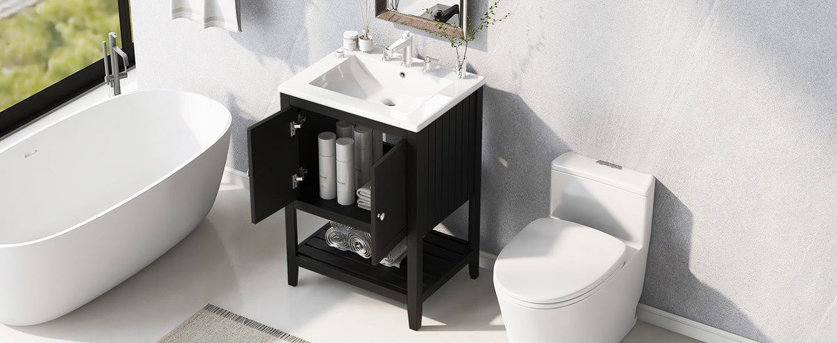 24" Black Modern Sleek Bathroom Vanity Elegant Ceramic Sink with Solid Wood Frame Open Style Shelf - B&B Forest Products