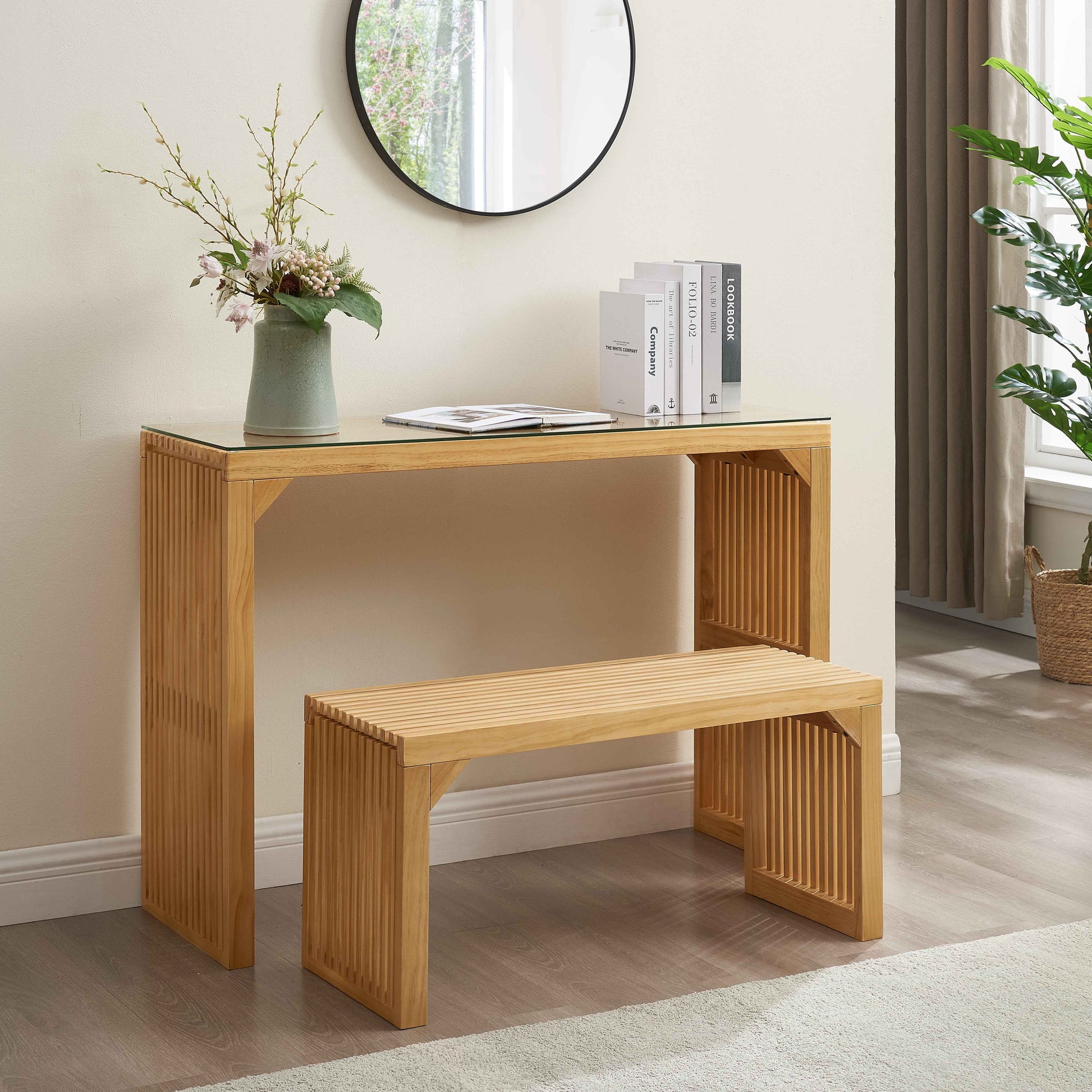 Dining Bench and Table, Pine Indoor Wood Bench for Entryway,Living Room,Kitchen and Bedroom Table (Nature, Long Bench & Table)