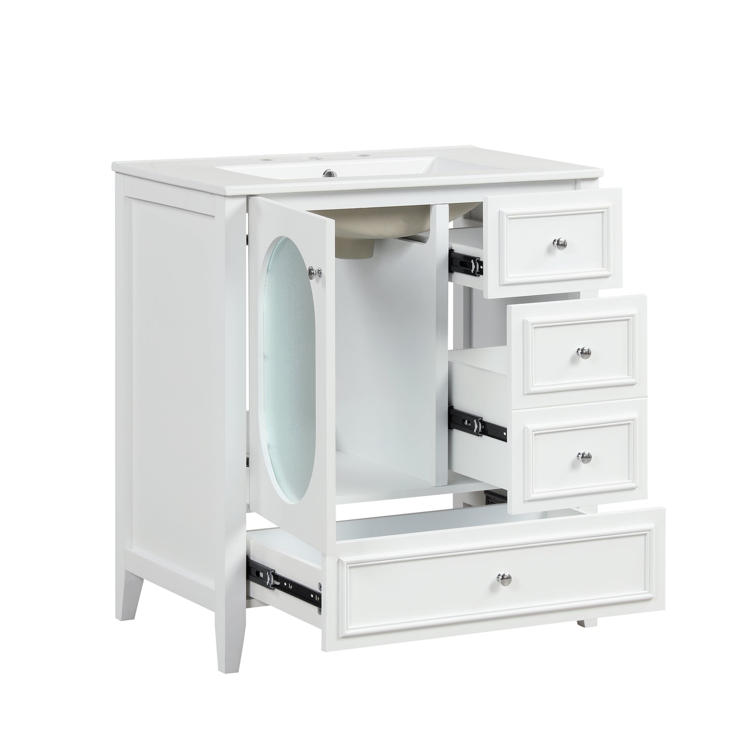 30" Bathroom Vanity with Sink, Bathroom Vanity Cabinet with Three Drawers and Door, Solid Wood and MDF, White