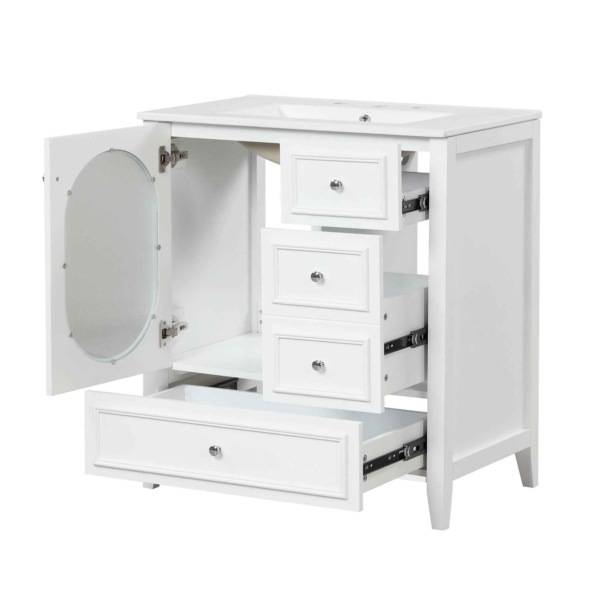 30" Bathroom Vanity with Sink, Bathroom Vanity Cabinet with Three Drawers and Door, Solid Wood and MDF, White - B&B Forest Products
