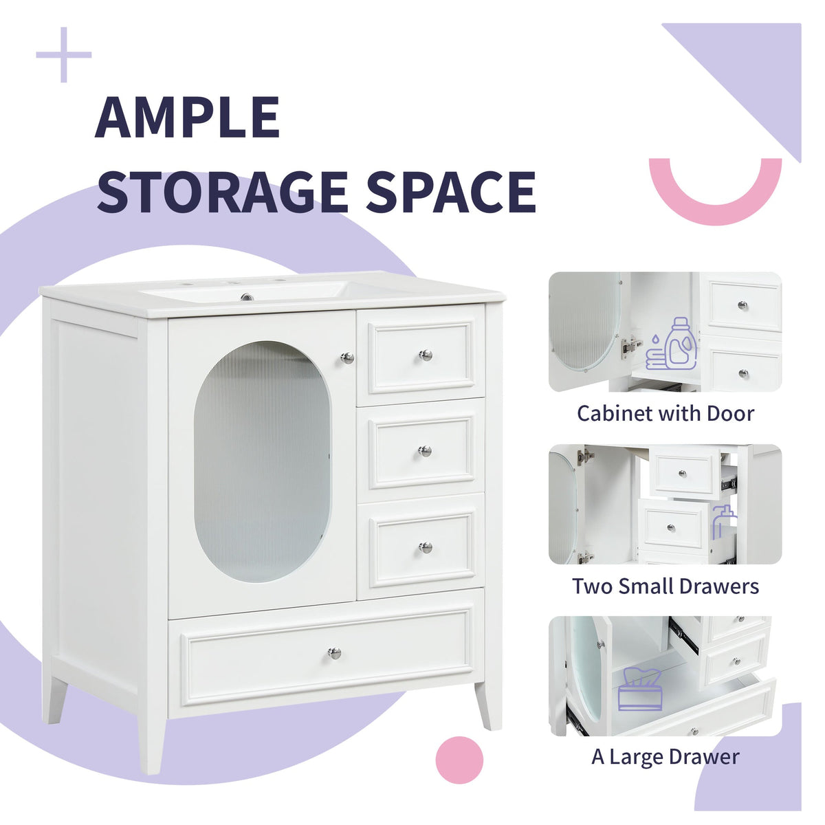30" Bathroom Vanity with Sink, Bathroom Vanity Cabinet with Three Drawers and Door, Solid Wood and MDF, White - B&B Forest Products