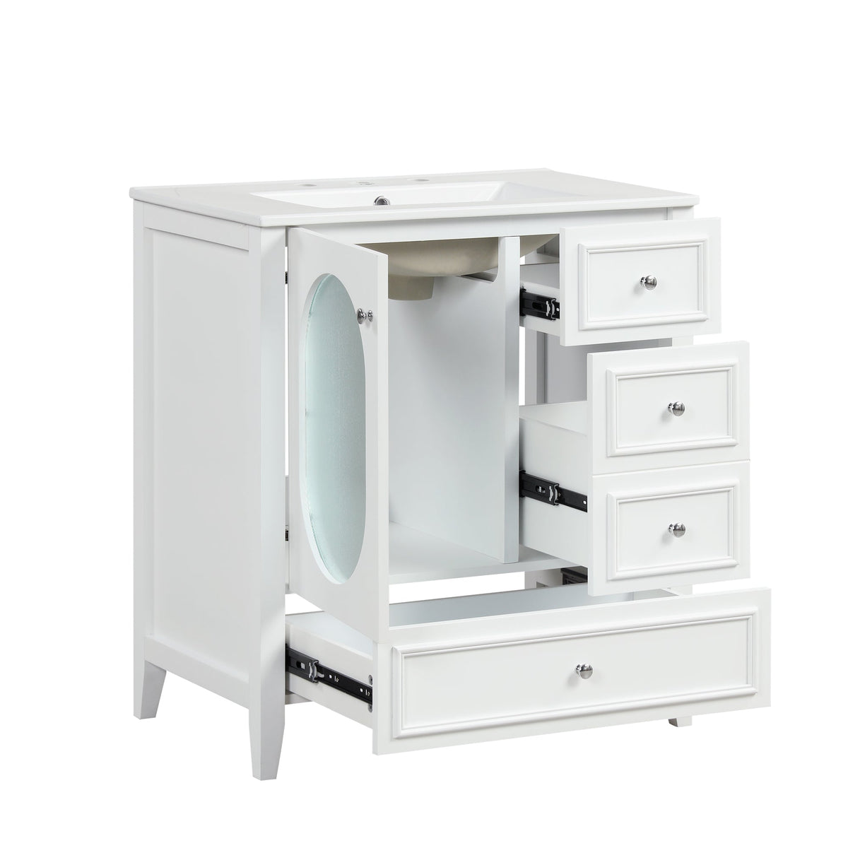 30" Bathroom Vanity with Sink, Bathroom Vanity Cabinet with Three Drawers and Door, Solid Wood and MDF, White - B&B Forest Products