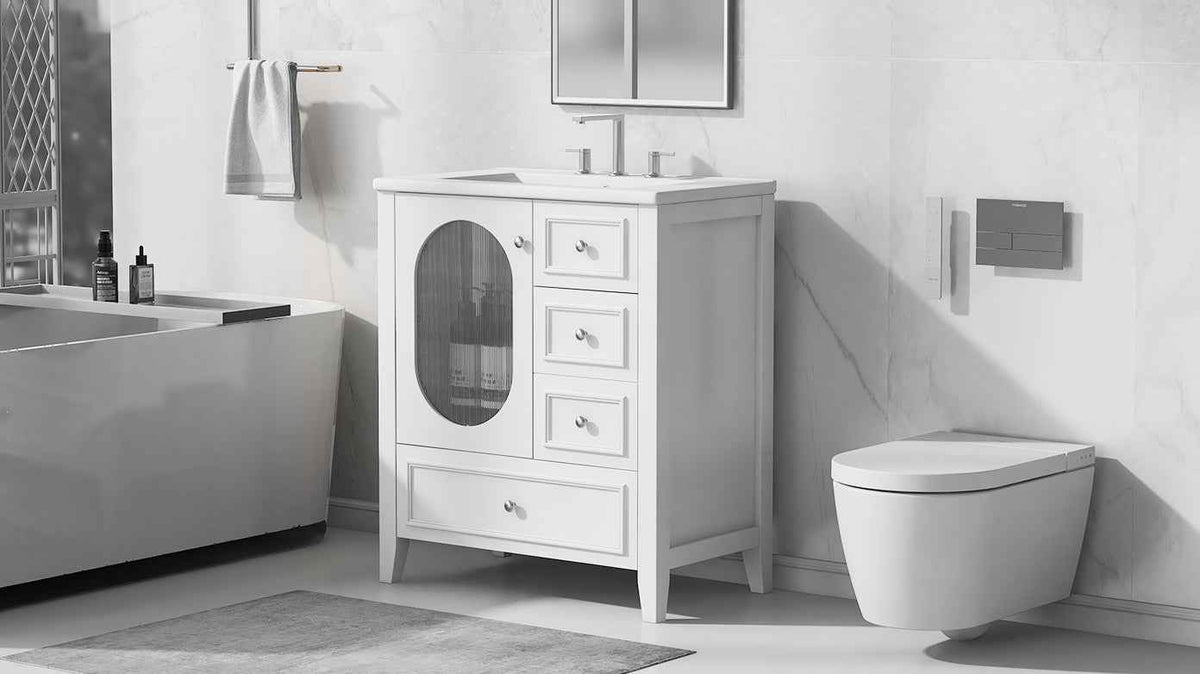 30" Bathroom Vanity with Sink, Bathroom Vanity Cabinet with Three Drawers and Door, Solid Wood and MDF, White - B&B Forest Products