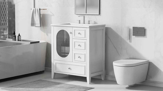 30" Bathroom Vanity with Sink, Bathroom Vanity Cabinet with Three Drawers and Door, Solid Wood and MDF, White - B&B Forest Products