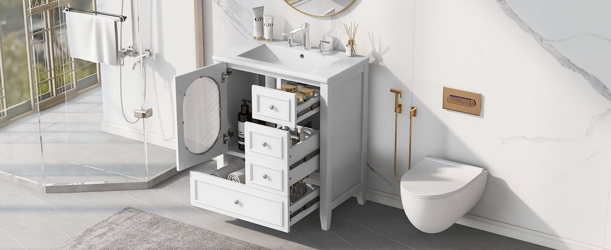 30" Bathroom Vanity with Sink, Bathroom Vanity Cabinet with Three Drawers and Door, Solid Wood and MDF, White - B&B Forest Products
