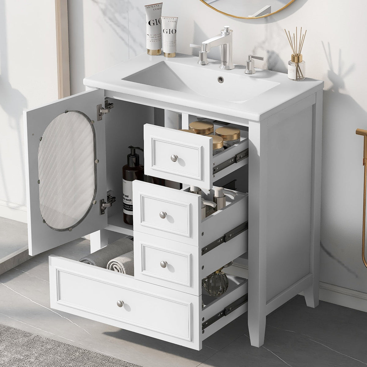 30" Bathroom Vanity with Sink, Bathroom Vanity Cabinet with Three Drawers and Door, Solid Wood and MDF, White - B&B Forest Products