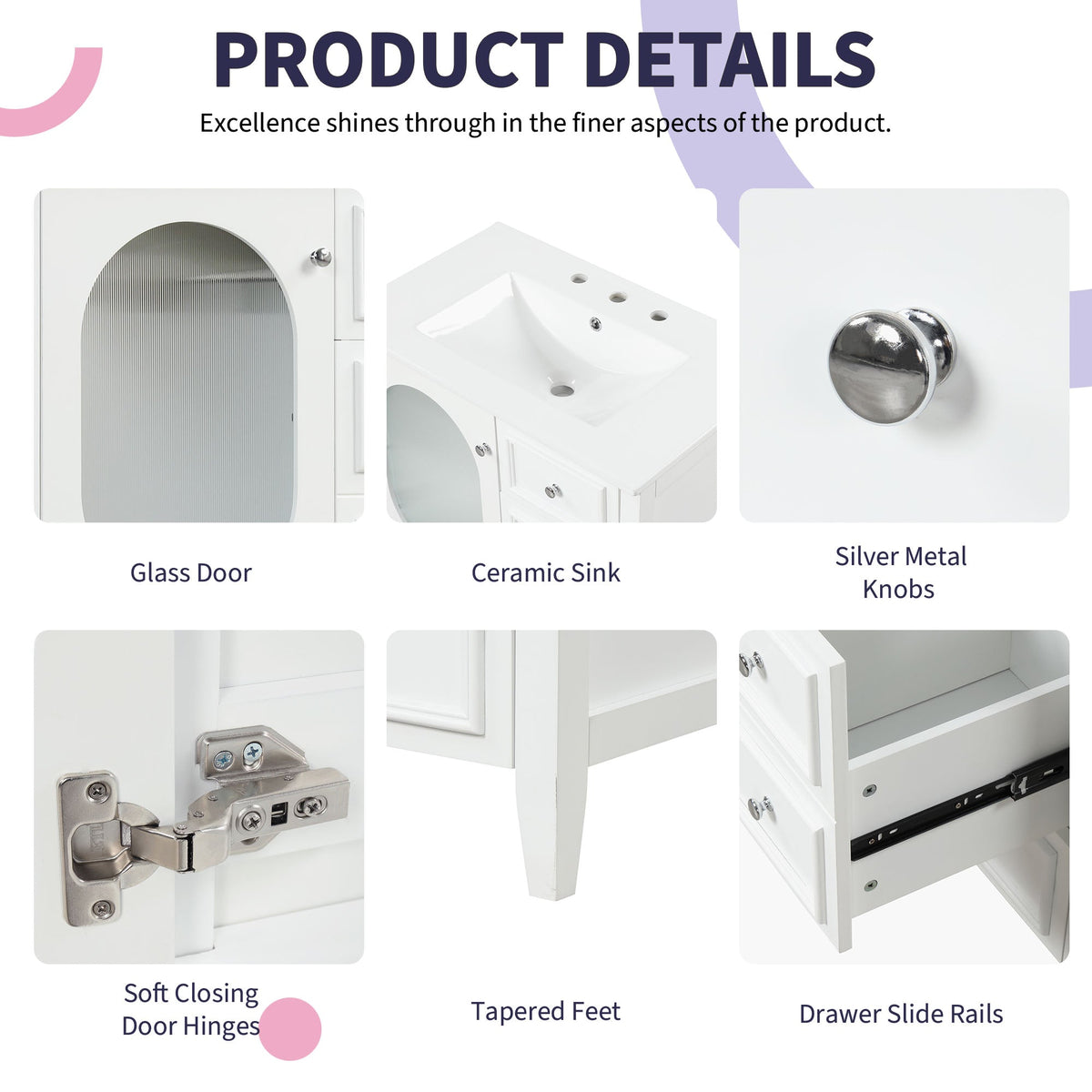30" Bathroom Vanity with Sink, Bathroom Vanity Cabinet with Three Drawers and Door, Solid Wood and MDF, White - B&B Forest Products