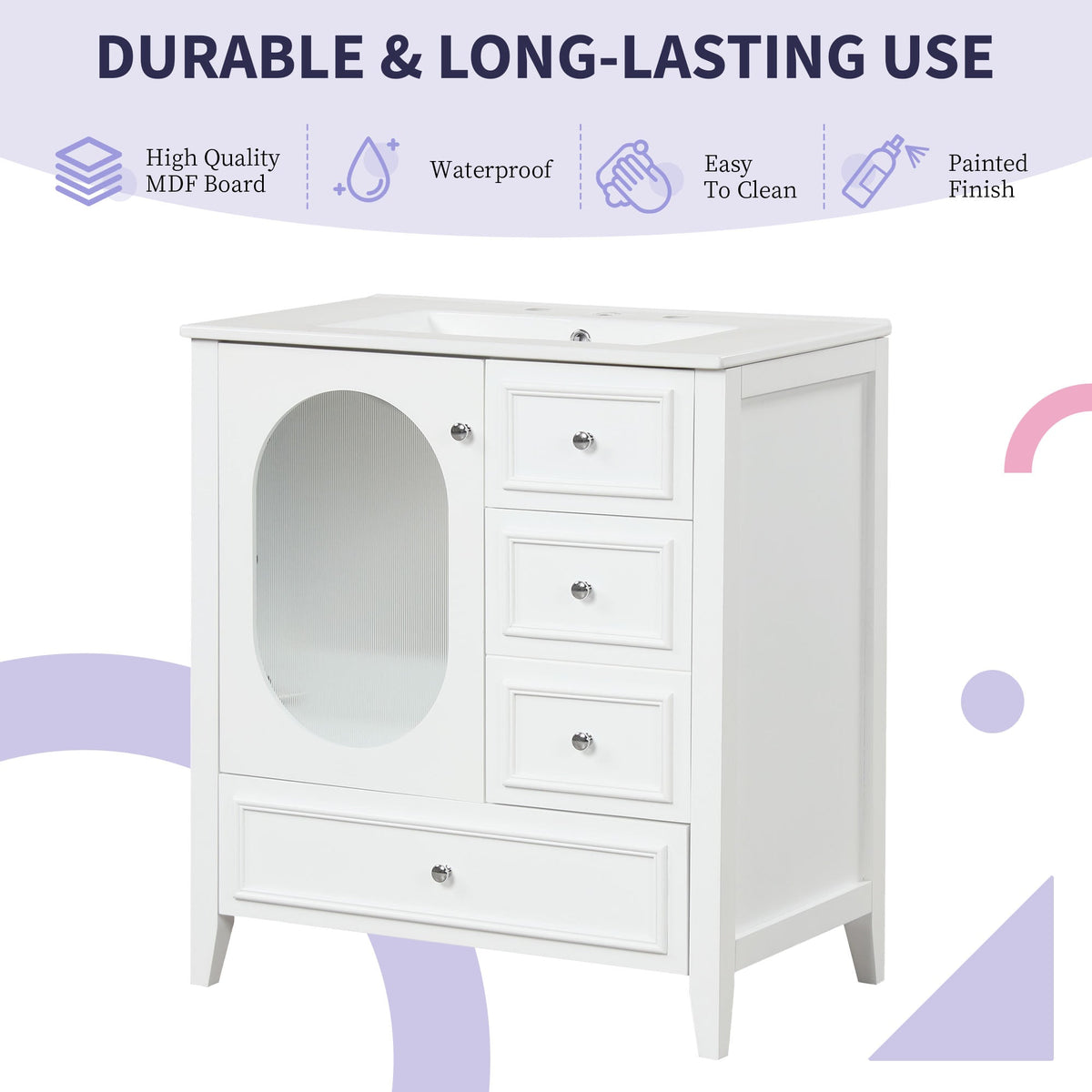30" Bathroom Vanity with Sink, Bathroom Vanity Cabinet with Three Drawers and Door, Solid Wood and MDF, White - B&B Forest Products