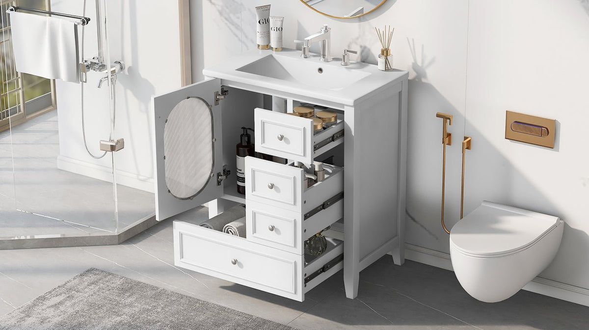30" Bathroom Vanity with Sink, Bathroom Vanity Cabinet with Three Drawers and Door, Solid Wood and MDF, White - B&B Forest Products