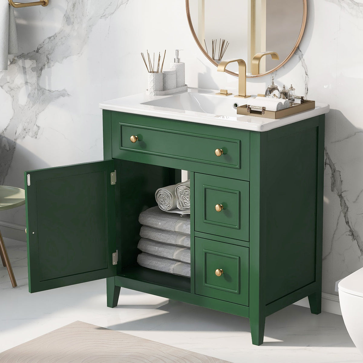 30" Bathroom Vanity with Sink Top, Bathroom Vanity Cabinet with Door and Two Drawers, Solid Wood Frame, One Package, Green - B&B Forest Products