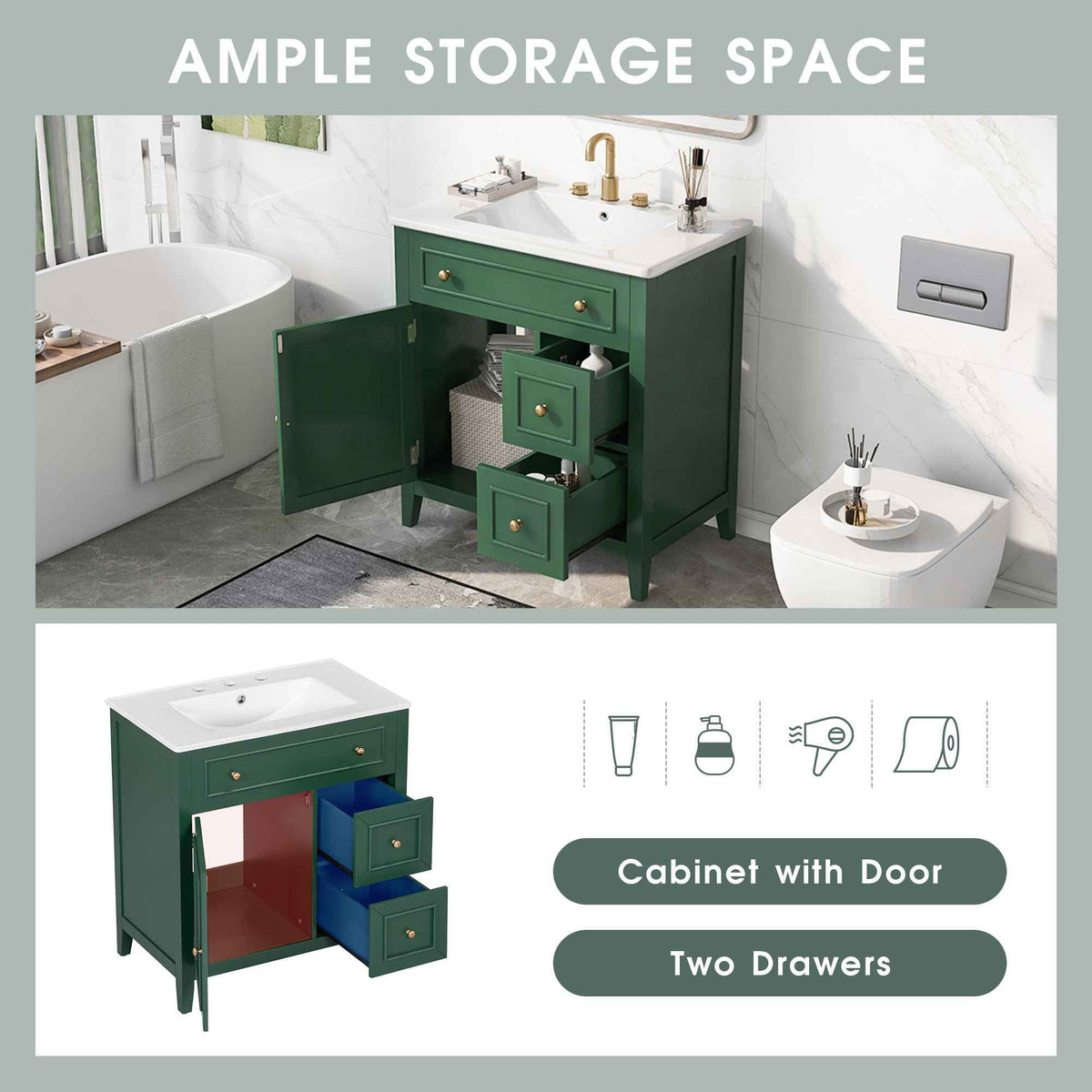 30" Bathroom Vanity with Sink Top, Bathroom Vanity Cabinet with Door and Two Drawers, Solid Wood Frame, One Package, Green - B&B Forest Products