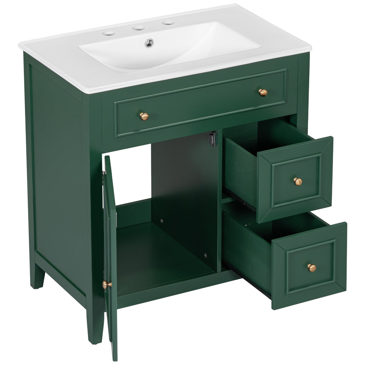 30" Bathroom Vanity with Sink Top, Bathroom Vanity Cabinet with Door and Two Drawers, Solid Wood Frame, One Package, Green - B&B Forest Products