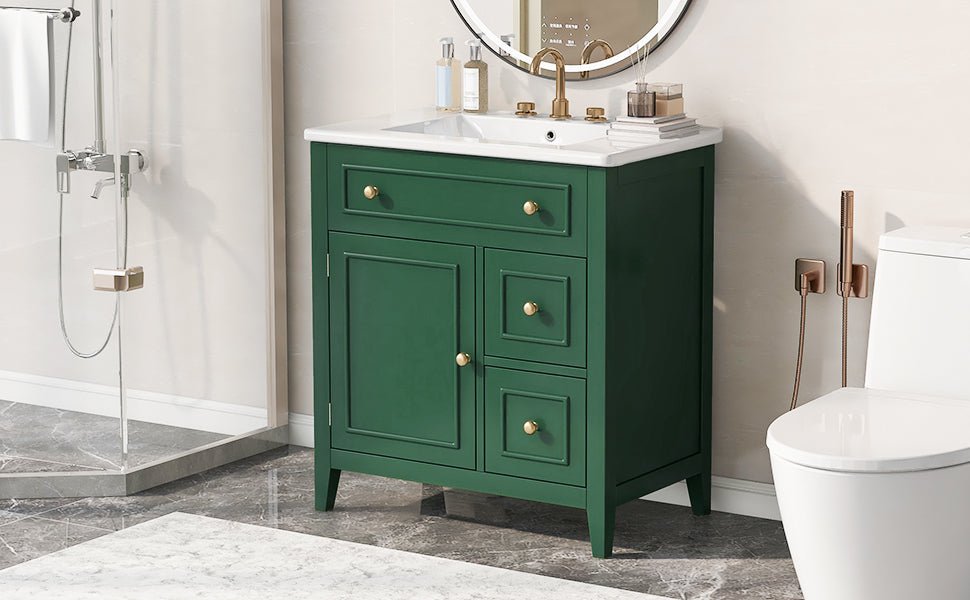 30" Bathroom Vanity with Sink Top, Bathroom Vanity Cabinet with Door and Two Drawers, Solid Wood Frame, One Package, Green - B&B Forest Products