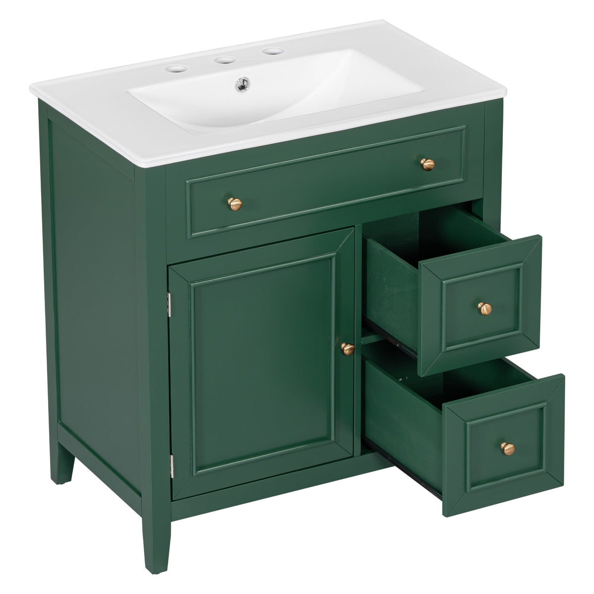 30" Bathroom Vanity with Sink Top, Bathroom Vanity Cabinet with Door and Two Drawers, Solid Wood Frame, One Package, Green - B&B Forest Products