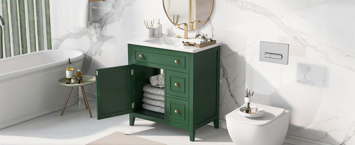 30" Bathroom Vanity with Sink Top, Bathroom Vanity Cabinet with Door and Two Drawers, Solid Wood Frame, One Package, Green - B&B Forest Products