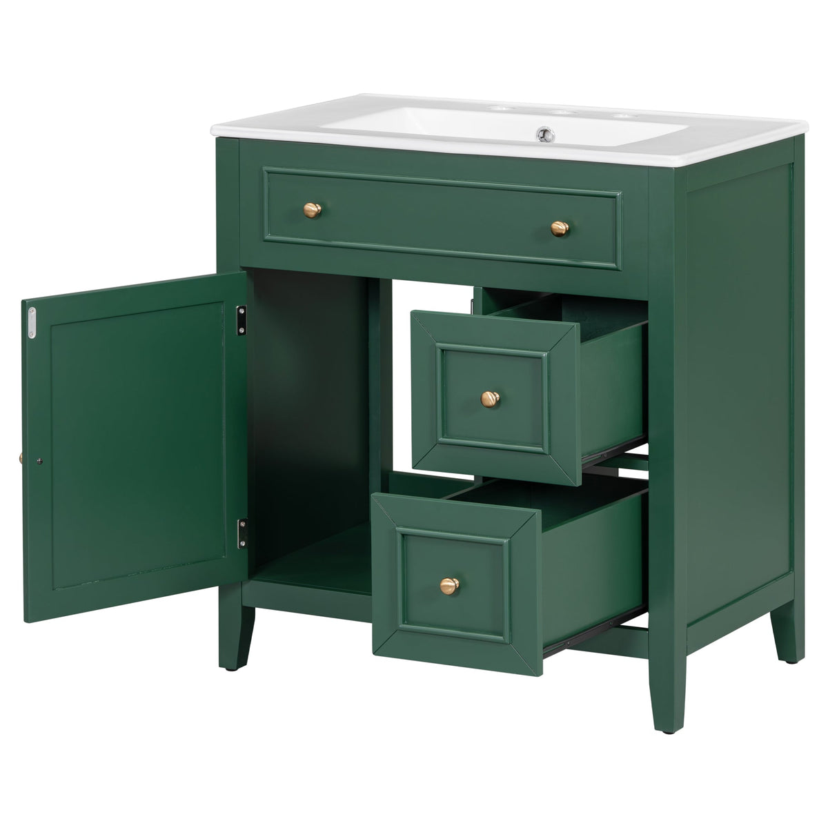 30" Bathroom Vanity with Sink Top, Bathroom Vanity Cabinet with Door and Two Drawers, Solid Wood Frame, One Package, Green - B&B Forest Products
