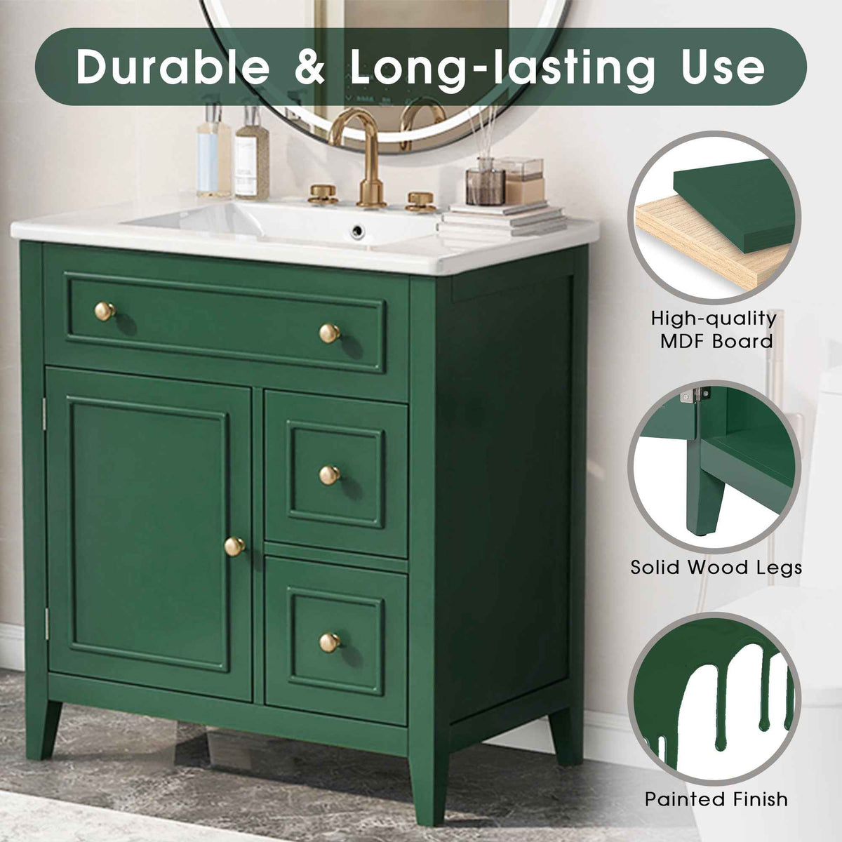 30" Bathroom Vanity with Sink Top, Bathroom Vanity Cabinet with Door and Two Drawers, Solid Wood Frame, One Package, Green - B&B Forest Products
